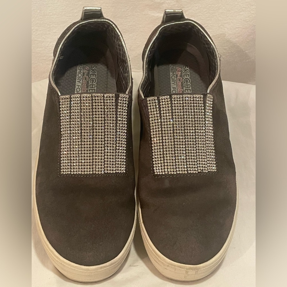 Skechers Air-Cooled Memory Foam Women’s gray Slip-On Sneakers with Rhinestones